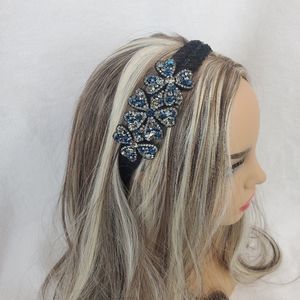 Blue Gunmetal Crystals Floral Black Lace Hair Band